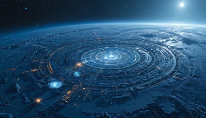 Obraz premium Futuristic Circular Landscape with Bright Orbital Elements