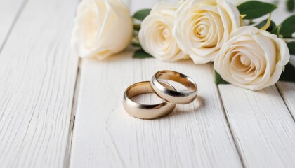 Elegant Wedding Rings with White Roses on Wooden Surface