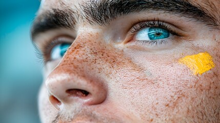 Closeup of an enthusiastic sports fan painting their face in the vibrant colors of their favorite team s colors before an important game or competition  The fan is showing their team spirit pride