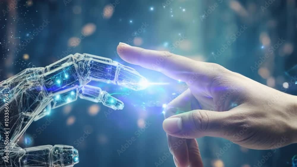 Leinwandbilder robot and human hands touch big data of global network connection, future artificial intelligence