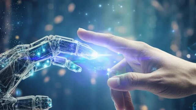  robot and human hands touch big data of global network connection, future artificial intelligence
