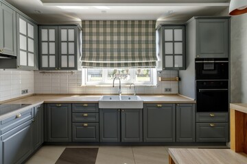 Modern Grey Kitchen with Wooden Elements and Dining Space