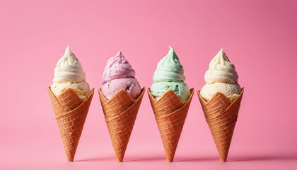 Colorful Ice Cream Cones on Pink Background