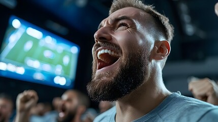 A lively group of friends wearing football jerseys cheering and celebrating excitedly in front of a large screen displaying their team spirit and passion for the game