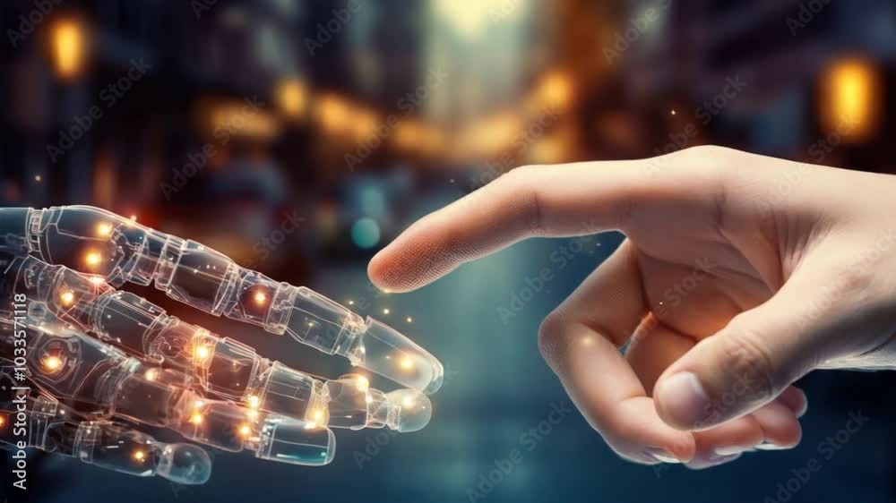 Leinwandbilder Robot and human hands touch with index finger on the background of big data network connection, artificial intelligence technology,