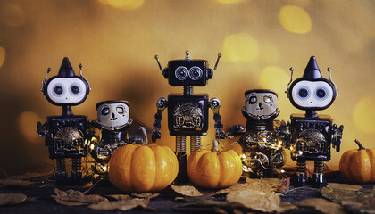 A collection of vintage robots surrounded by pumpkins, perfect for autumn-themed decor and whimsical photography.