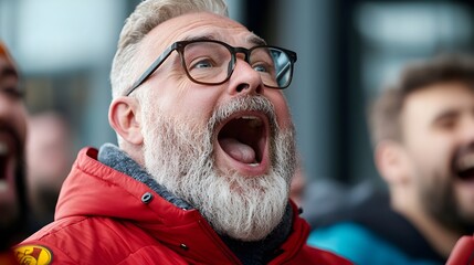Enthusiastic Football Fans Cheering and Singing in the Stands During an Exciting Match in the Stadium