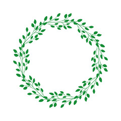 Símbolo primavera. Logo con corona navideña circular de ramas de árbol con hojas para tarjetas y felicitaciones de Navidad