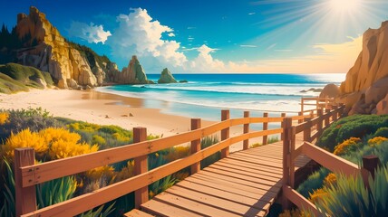 Obraz premium Stunning Coastal Scene Featuring a Wooden Pathway Leading to a Pristine Beach, Surrounded by Lush Foliage and Breathtaking Ocean Views Under a Bright Blue Sky Illustration