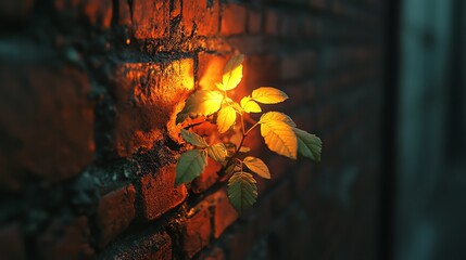 Sapling growing from an old brick wall, bathed in warm orange light, white background