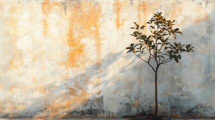 Young tree sprouting from a weathered wall, bathed in a soft orange sunset, white background