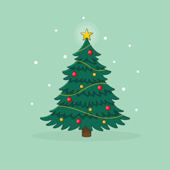 Christmas tree decorated with garland, balls and a glowing star on top. Cartoon style vector illustration.