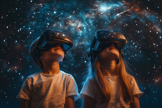 Brother and Sister in VR Glasses Sitting on Their Bed, Gazing Up at a Starry Sky Ceiling in Their Cozy Room