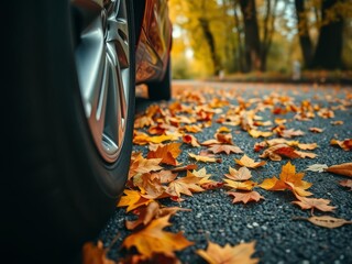 A car tire is surrounded by a pile of autumn leaves
