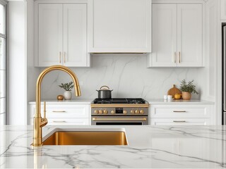 A kitchen with a gold sink and white cabinets