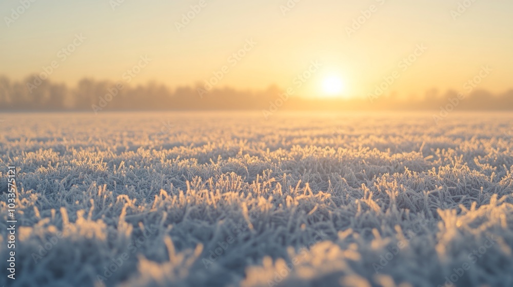 Aufkleber a close-up view of a field covered in frost. the sun is setting behind a line of trees in the distan