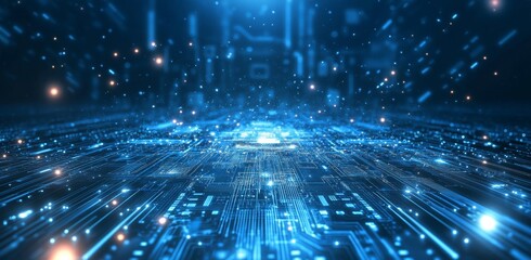 Feature a futuristic digital hi-tech space with glowing horizontal lines and a grid network of lines. Digital communication concepts. - obrazy, fototapety, plakaty