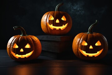 Fototapeta premium Three carved jack-o'-lanterns illuminated from within sit atop a dark surface