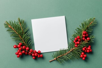 Blank card flanked by fir branches with red berries on teal background