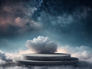 Concrete podium above clouds under starry night sky