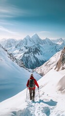 Hiker Trekking Through Winter Landscape in Mountains