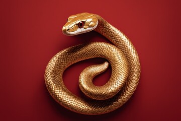 Fototapeta premium Golden snake coiled on red background