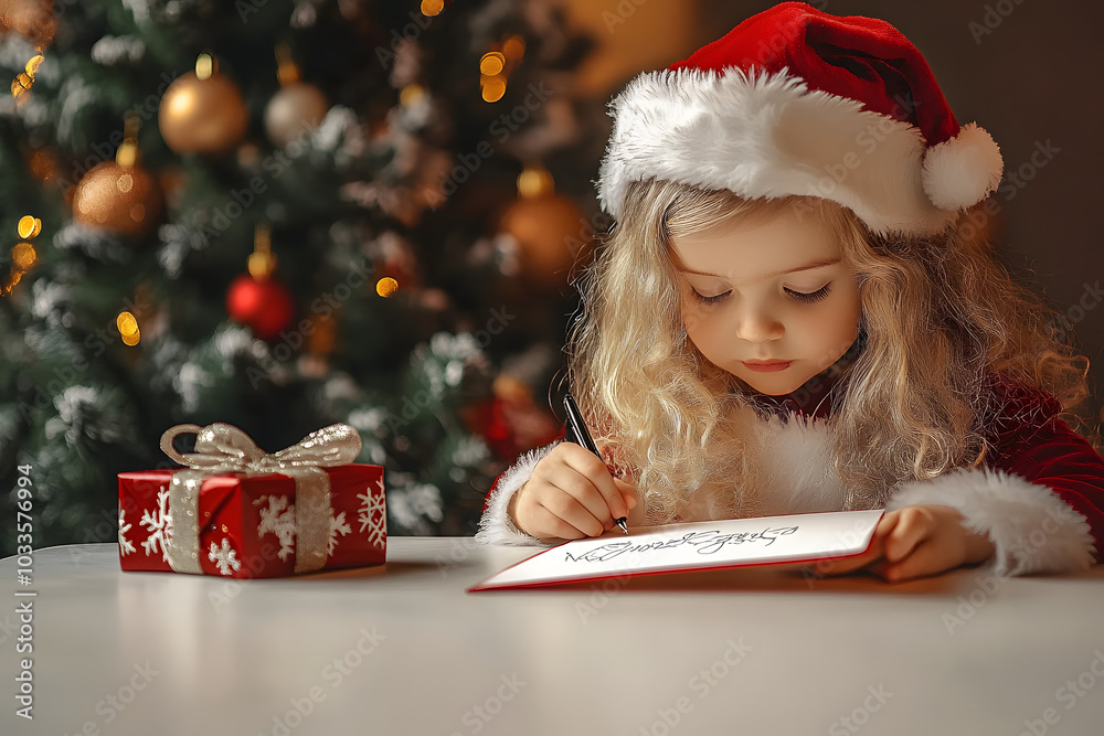 Poster Happy little child writes letter to Santa Claus sitting at table with gift box on background of Christmas tree. New Year. The atmosphere of the holiday