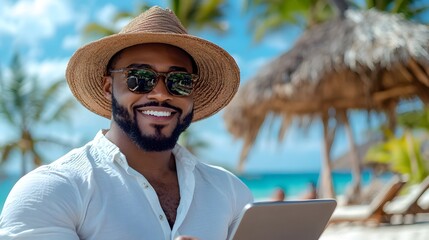 Investor Checking Market Updates and Financial Data on Laptop During Vacation  Business Professional Monitoring Market Performance and Making Financial Decisions on the Go