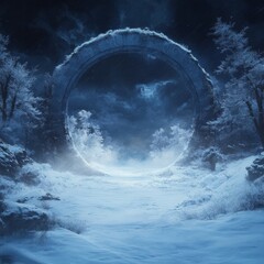 A mystical snowy landscape featuring a large stone circular portal.