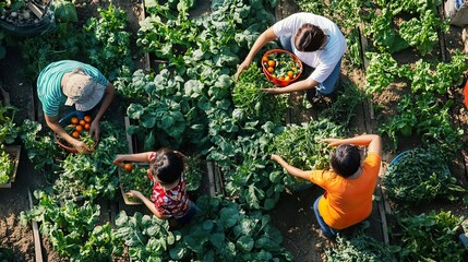 Four People Harvesting Fresh Produce in a Garden
