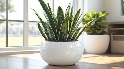 Close-up view of a large snake plant in an elegant white planter, placed on a wooden floor by a bright window.