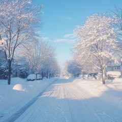Obraz premium A serene winter scene featuring a snow-covered street and trees.