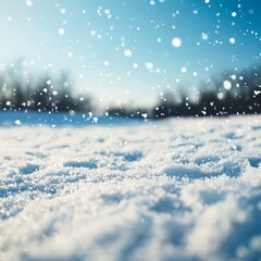 A serene winter landscape with falling snowflakes and a snowy ground.
