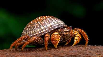 Fototapeta premium A close-up of a crab with a patterned shell, resting on a surface.