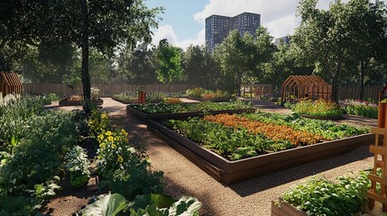A lush, well-kept garden with various plants and flowers surrounded by trees and a city skyline in the distance.