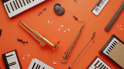 Colorful arrangement of musical instruments and notes on an orange surface highlighting creativity...