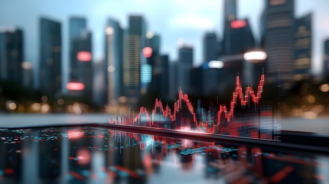 A futuristic cityscape where the buildings dynamically represent the fluctuating prices visualizing the ever changing financial landscape in an abstract and innovative way - Powered by Adobe