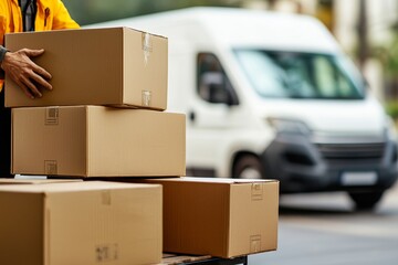 A delivery person is unloading stacked cardboard boxes next to a delivery van on a busy street.