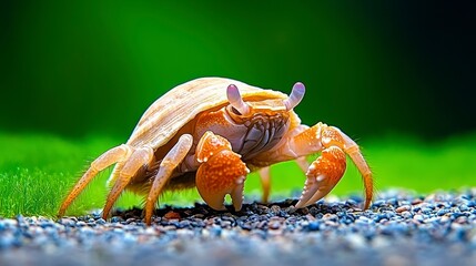 A close-up of a hermit crab on a sandy surface with a blurred green background.