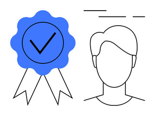 A blue approval badge with a check mark next to the outline of a persons head and shoulders. Ideal for certification, profile verification, identification, approval process, user authenticity. Simple