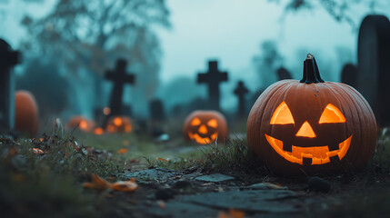 Halloween Pumpkins. features several pumpkins lying in a cemetery area with a blurred background adding a mysterious and spooky feel, perfect for Halloween celebrations.