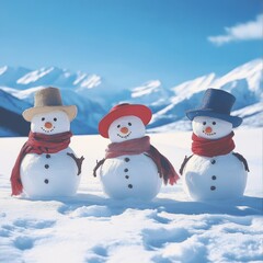 Three cheerful snowmen with hats and scarves in a snowy landscape.