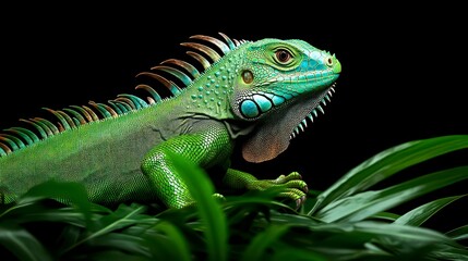 Fototapeta premium A close-up of a vibrant green iguana among lush foliage.