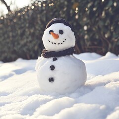 Obraz premium A cheerful snowman with a scarf and buttons stands in a snowy landscape.