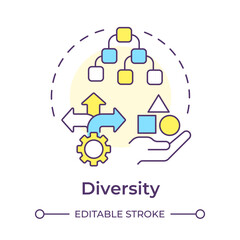 Diversity multi color concept icon. Data management, filtering. Methodology, algorithms. Round shape line illustration. Abstract idea. Graphic design. Easy to use article, blog post
