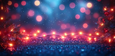 In the background, colorful bokeh and retro string lights make for a festive affair