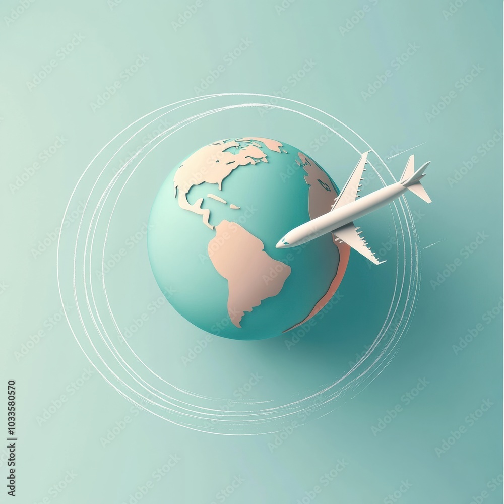Poster a globe in soft colors features an airplane taking off, symbolizing the excitement and adventure of 