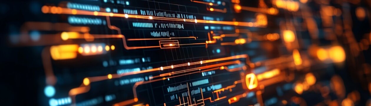A vibrant, abstract representation of data streams and circuitry, showcasing intricate of light and color, symbolizing technology and digital innovation.