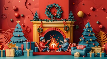 Cozy and festive Christmas scene with a fireplace mantel decorated with a wreath Christmas trees and stacks of colorfully wrapped gifts  The scene is warm and inviting