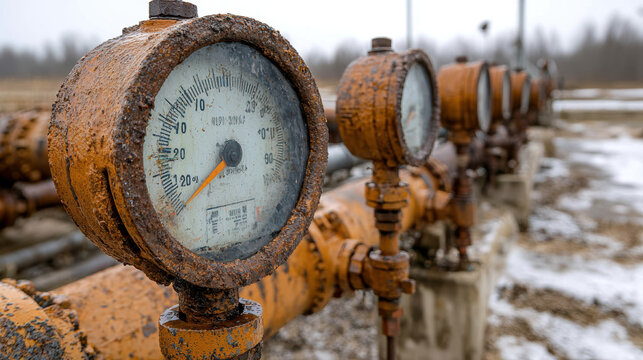 A close-up of rusted pressure gauges on pipelines, showcasing industrial weathering and neglect in an outdoor setting. - Powered by Adobe